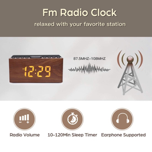 Wooden Digital Alarm Clock FM Radio,10W Fast Wireless Charger Station for iPhone/Samsung Galaxy,5 Level Dimmer,USB Charging Port,2 Wood LED Clock