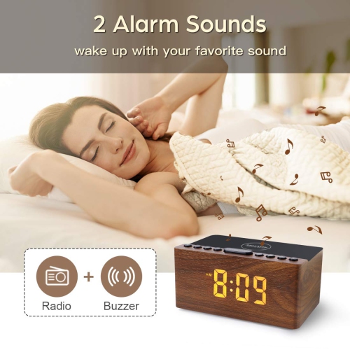 Wooden Digital Alarm Clock FM Radio,10W Fast Wireless Charger Station for iPhone/Samsung Galaxy,5 Level Dimmer,USB Charging Port,2 Wood LED Clock