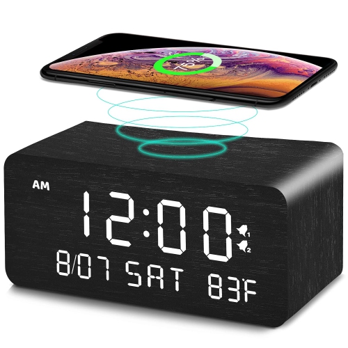 HLD  Wooden Digital Alarm Clock \w Wireless Charging, 0-100% Adjustable Brightness Dimmer And Alarm Volume, Weekday/weekend Mode, Dual Alarm, Snooze