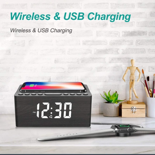 Wooden Digital Alarm Clock FM Radio,10W Fast Wireless Charger Station for iPhone/Samsung Galaxy,5 Level Dimmer,USB Charging Port,2 Wood LED Clock