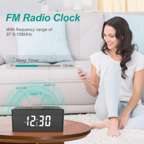 Wooden Digital Alarm Clock FM Radio,10W Fast Wireless Charger Station for iPhone/Samsung Galaxy,5 Level Dimmer,USB Charging Port,2 Wood LED Clock