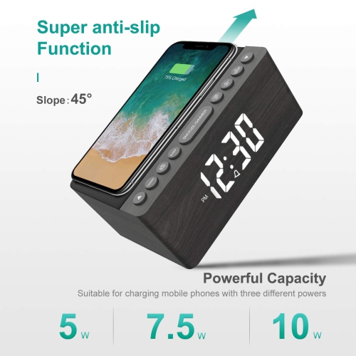 Wooden Digital Alarm Clock FM Radio,10W Fast Wireless Charger Station for iPhone/Samsung Galaxy,5 Level Dimmer,USB Charging Port,2 Wood LED Clock