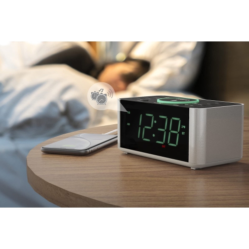 Alarm Clock Radio, 10W Wireless Charging, Snooze,Bluetooth Dual Alarm, Dimmer LED Display, Non Ticking Clock for Bedside iTOMA CKS910