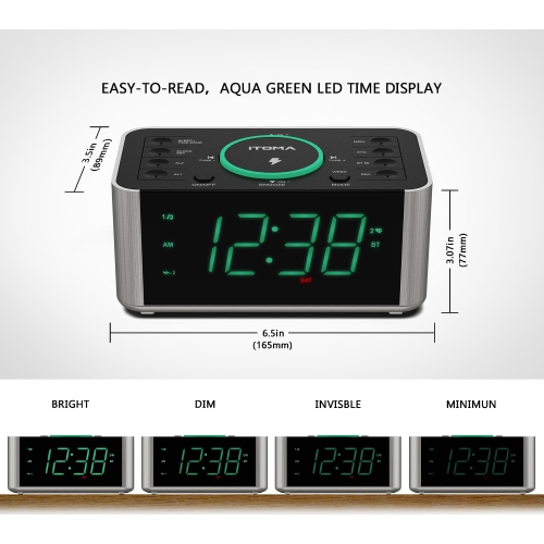 Alarm Clock Radio, 10W Wireless Charging, Snooze,Bluetooth Dual Alarm, Dimmer LED Display, Non Ticking Clock for Bedside iTOMA CKS910
