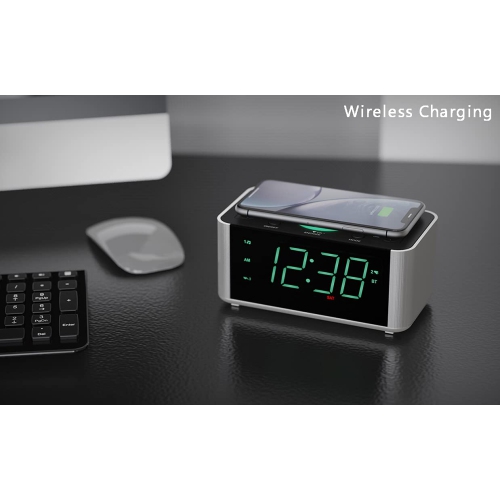 Alarm Clock Radio, 10W Wireless Charging, Snooze,Bluetooth Dual Alarm, Dimmer LED Display, Non Ticking Clock for Bedside iTOMA CKS910