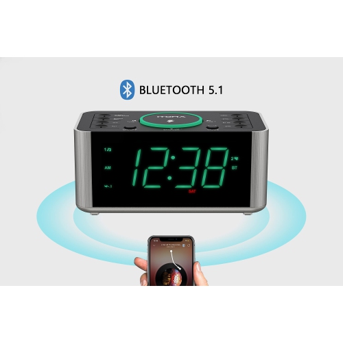 Alarm Clock Radio, 10W Wireless Charging, Snooze,Bluetooth Dual Alarm, Dimmer LED Display, Non Ticking Clock for Bedside iTOMA CKS910