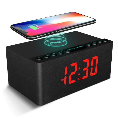 HLD Wooden Digital Alarm Clock Fm Radio, Fast Wireless Charger Station for Iphone/samsung, Dimmable Led Display, USB Charging Port, Sleep Timer, Wood Modern Clock for Bedroom