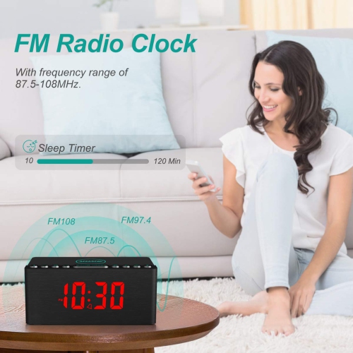 Wooden Digital Alarm Clock FM Radio,Fast Wireless Charger Station for iPhone/Samsung,Dimmable LED Display,USB Charging Port,Sleep Timer,Wood Modern