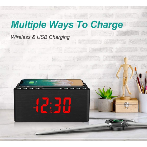 Wooden Digital Alarm Clock FM Radio,Fast Wireless Charger Station for iPhone/Samsung,Dimmable LED Display,USB Charging Port,Sleep Timer,Wood Modern