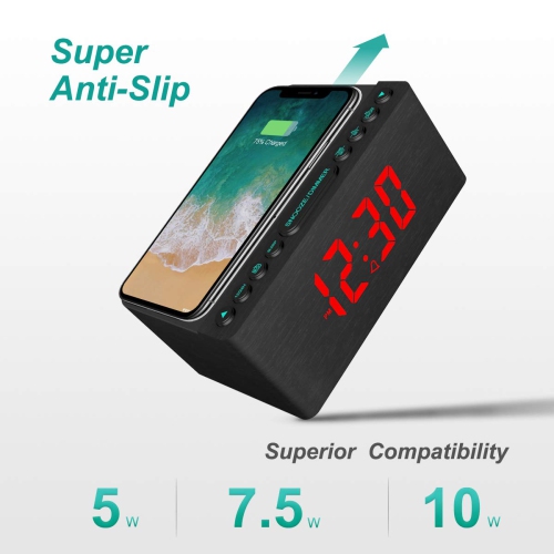 Wooden Digital Alarm Clock FM Radio,Fast Wireless Charger Station for iPhone/Samsung,Dimmable LED Display,USB Charging Port,Sleep Timer,Wood Modern