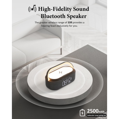 Alarm Clock with Wireless Charging?Black Bluetooth Speaker, 6 in 1 FM Radio, Dimmable Night Light, Dual Wireless Speakers, 2500mAh Battery Portable