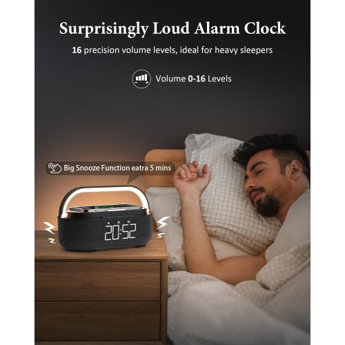 Alarm Clock with Wireless Charging?Black Bluetooth Speaker, 6 in 1 FM Radio, Dimmable Night Light, Dual Wireless Speakers, 2500mAh Battery Portable