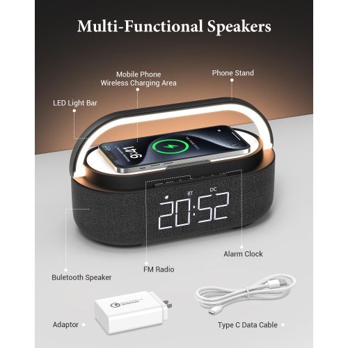 Alarm Clock with Wireless Charging?Black Bluetooth Speaker, 6 in 1 FM Radio, Dimmable Night Light, Dual Wireless Speakers, 2500mAh Battery Portable