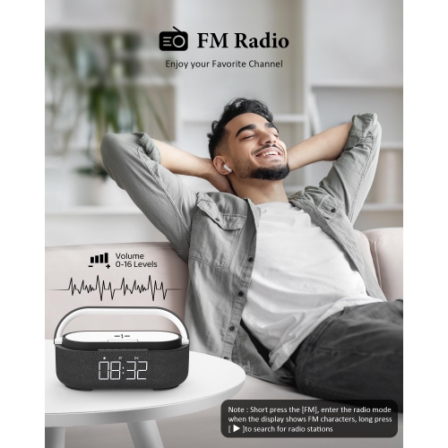 Alarm Clock with Wireless Charging?Black Bluetooth Speaker, 6 in 1 FM Radio, Dimmable Night Light, Dual Wireless Speakers, 2500mAh Battery Portable