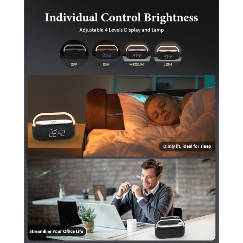Alarm Clock with Wireless Charging?Black Bluetooth Speaker, 6 in 1 FM Radio, Dimmable Night Light, Dual Wireless Speakers, 2500mAh Battery Portable