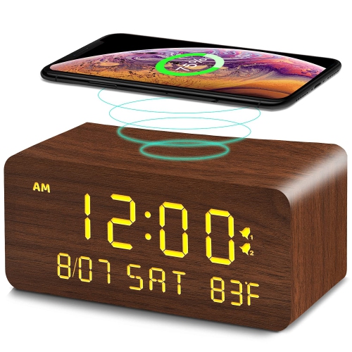 HLD Wooden Digital Alarm Clock With Wireless Charging, 0-100% Adjustable Brightness Dimmer And Alarm Volume, Weekday/weekend Mode, Dual Alarm, Snooze, 12/24H, Wood Led Clock