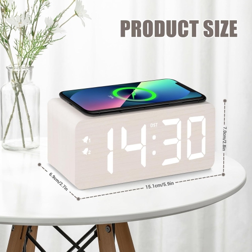 Wooden Digital Alarm Clock with 10W Fast Wireless Charger, USB Port, Stepless Dimmer, Dual Alarm, Weekday/Weekend Mode, Large LED Display, Bedroom