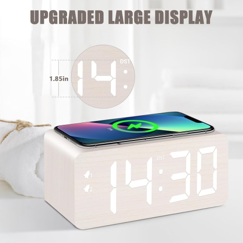 Wooden Digital Alarm Clock with 10W Fast Wireless Charger, USB Port, Stepless Dimmer, Dual Alarm, Weekday/Weekend Mode, Large LED Display, Bedroom