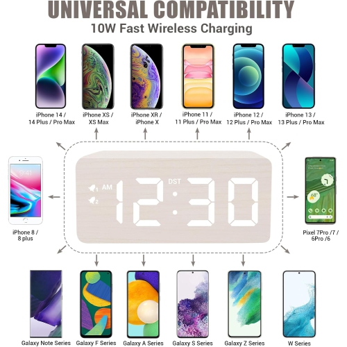 Wooden Digital Alarm Clock with 10W Fast Wireless Charger, USB Port, Stepless Dimmer, Dual Alarm, Weekday/Weekend Mode, Large LED Display, Bedroom