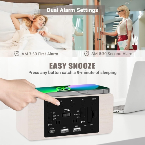 Wooden Digital Alarm Clock with 10W Fast Wireless Charger, USB Port, Stepless Dimmer, Dual Alarm, Weekday/Weekend Mode, Large LED Display, Bedroom