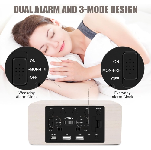 Wooden Digital Alarm Clock with 10W Fast Wireless Charger, USB Port, Stepless Dimmer, Dual Alarm, Weekday/Weekend Mode, Large LED Display, Bedroom
