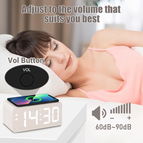 Wooden Digital Alarm Clock with 10W Fast Wireless Charger, USB Port, Stepless Dimmer, Dual Alarm, Weekday/Weekend Mode, Large LED Display, Bedroom