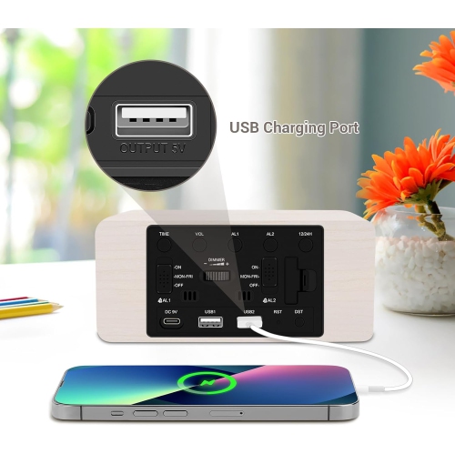 Wooden Digital Alarm Clock with 10W Fast Wireless Charger, USB Port, Stepless Dimmer, Dual Alarm, Weekday/Weekend Mode, Large LED Display, Bedroom