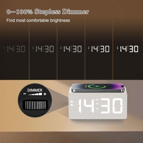 Wooden Digital Alarm Clock with 10W Fast Wireless Charger, USB Port, Stepless Dimmer, Dual Alarm, Weekday/Weekend Mode, Large LED Display, Bedroom