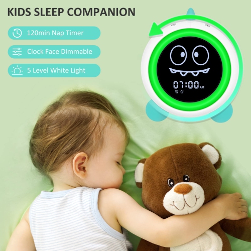 Kids Alarm Clock, Toddler Sleep Training Clock with Sound Machine, Night Lights, Ok to Wake Dinosaur Clock, Gift Ideas for Kids Child