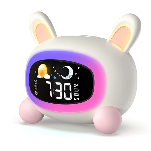 HLD  Kids Alarm Clock Rechargeable, Children Sleep Trainer \w Sun&moon Rise - Wake-Up Light & Night Light - 3 Levels Adjustable Brightness, 7 Sleep