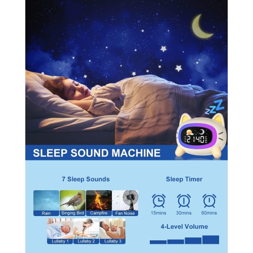 Kids Alarm Clock Rechargeable, Children Sleep Trainer with Sun&Moon Rise - Wake-Up Light & Night Light 4 Levels Adjustable Brightness, 7 Sleep Sounds