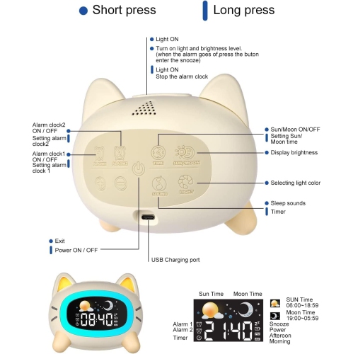 Kids Alarm Clock Rechargeable, Children Sleep Trainer with Sun&Moon Rise - Wake-Up Light & Night Light 4 Levels Adjustable Brightness, 7 Sleep Sounds