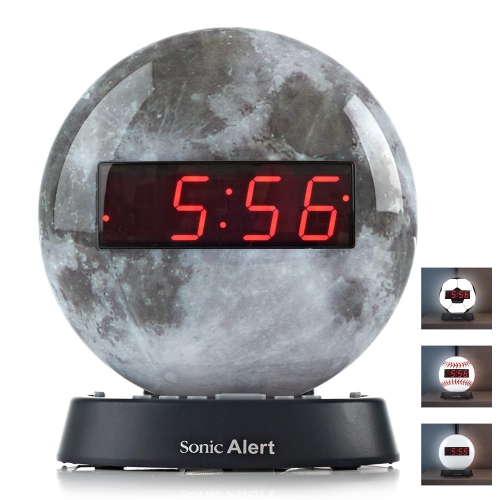 Alert Moon Alarm Clock Nightlight | Soft Ambient Light for Children in The Dark | Recordable Alarm Clock for Heavy Sleepers | Built-in Speake, Aux