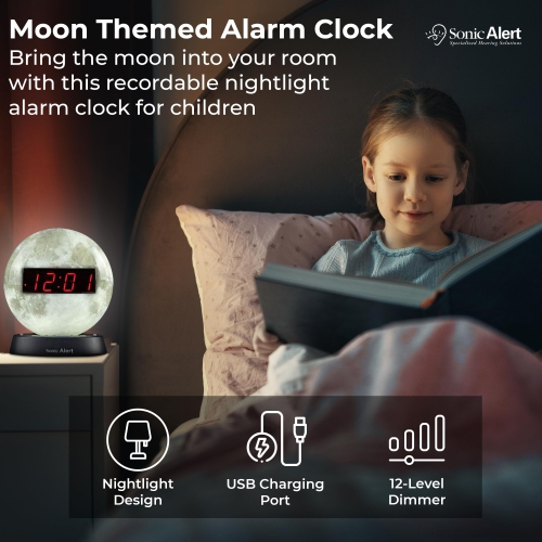 Alert Moon Alarm Clock Nightlight | Soft Ambient Light for Children in The Dark | Recordable Alarm Clock for Heavy Sleepers | Built-in Speake, Aux