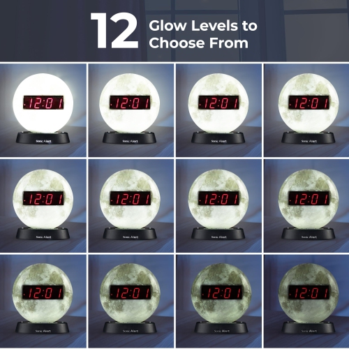 Alert Moon Alarm Clock Nightlight | Soft Ambient Light for Children in The Dark | Recordable Alarm Clock for Heavy Sleepers | Built-in Speake, Aux