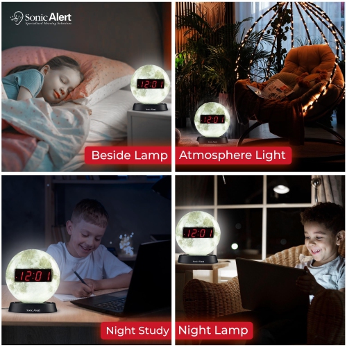 Alert Moon Alarm Clock Nightlight | Soft Ambient Light for Children in The Dark | Recordable Alarm Clock for Heavy Sleepers | Built-in Speake, Aux