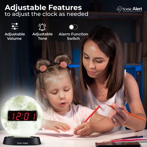 Alert Moon Alarm Clock Nightlight | Soft Ambient Light for Children in The Dark | Recordable Alarm Clock for Heavy Sleepers | Built-in Speake, Aux
