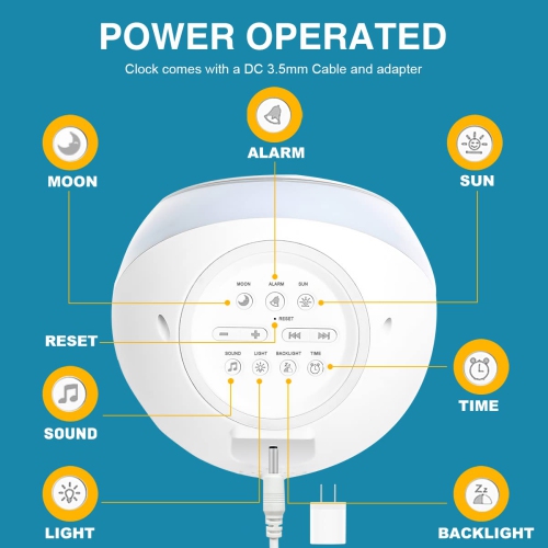 Sun & Moon Rise Kids Alarm Clock, Children's Sleep Trainer, Sleep Sound Machine, Wake Up Light & Night Light, Teach Kids Day & Night