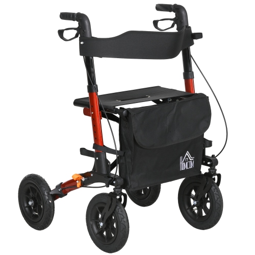 HOMCOM Rollator Walker for Seniors and Adults with 10'' Rubber Wheels, Seat, Aluminium Lightweight Folding Rolling Walker with Adjustable Handle,
