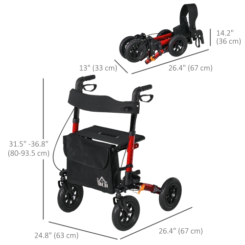 HOMCOM Rollator Walker for Seniors and Adults with 10'' Rubber Wheels, Seat, Aluminium Lightweight Folding Rolling Walker with Adjustable Handle,