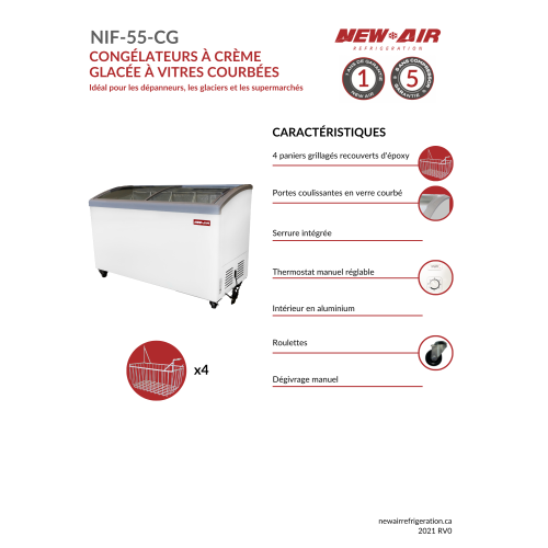 New Air Commercial 55" 13 Cu. Ft. Curved Glass Ice Cream Freezer - White/Grey