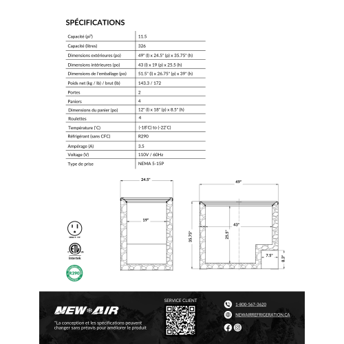 New Air commercial 49 po 11,5 pi3 avec Congélateur de crème glacée en verre incurvé - Blanc-gris