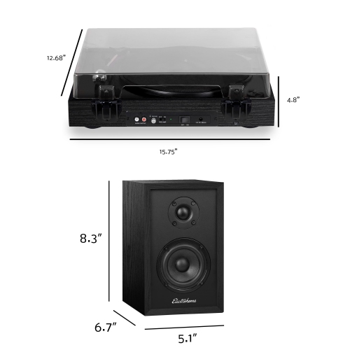 Electrohome – lecteur de disques vinyle sans fil Montrose avec Berkeley, haut-parleurs d’étagère Bluetooth alimentés, noir