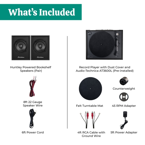 Electrohome Montrose Wireless Vinyl Record Player with Huntley, Powered Bluetooth Bookshelf Speakers, Black