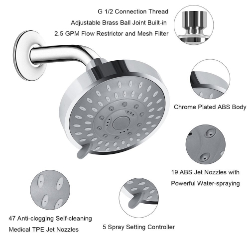 axGear High Pressure 4 Inch Shower Head with 5-Settings Chrome Finish Swivel Ball Joint