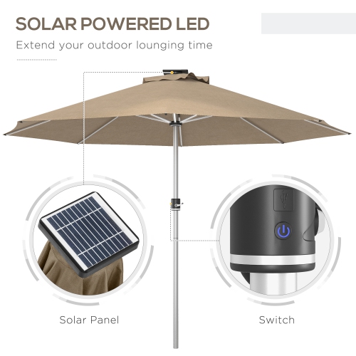 Parasol de patio 9,6 9,6 pi d'Outsunny avec recharge solaire/USB-C, évent, parasol de table marché extérieur, parasol parasol parasol avec 4