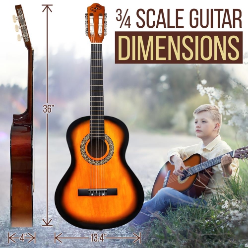 Guitare classique 6 cordes 36 po, échelle 3/4, accordeur numérique, accessoires