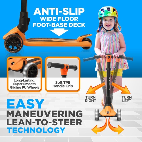 3-Wheel Foldable Kids Scooter - Child Toy Scooter with Built-in LED Wheel Lights, Easy Maneuvering Lean-to-Steer Technology