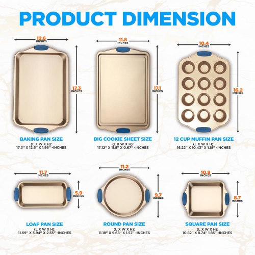 Kitchen Oven Baking Pans - Deluxe Nonstick Gold Coating Inside & Outside Carbon Steel Bakeware Set With Blue Silicone Handles