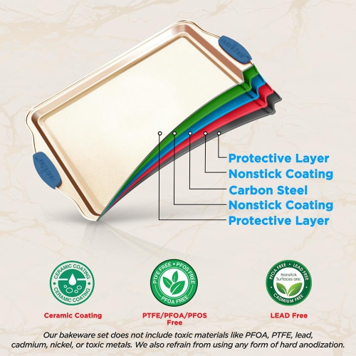 Kitchen Oven Baking Pans - Deluxe Nonstick Gold Coating Inside & Outside Carbon Steel Bakeware Set With Blue Silicone Handles